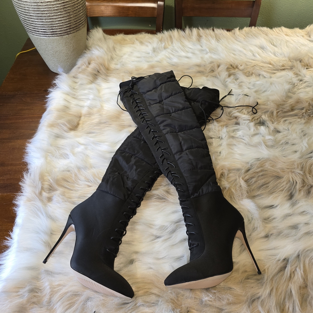 Super Sexy Thigh High Puffy Insulated 5 Inch Heel Lace Up Boots
